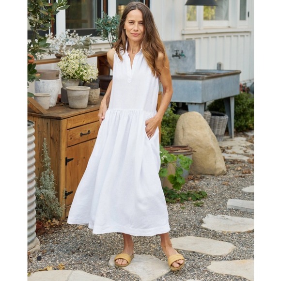 Frank & Eileen Dresses & Skirts - Frank & Eileen Daphne White Washed 100% Linen Sleeveless Drop Waist Midi Dress